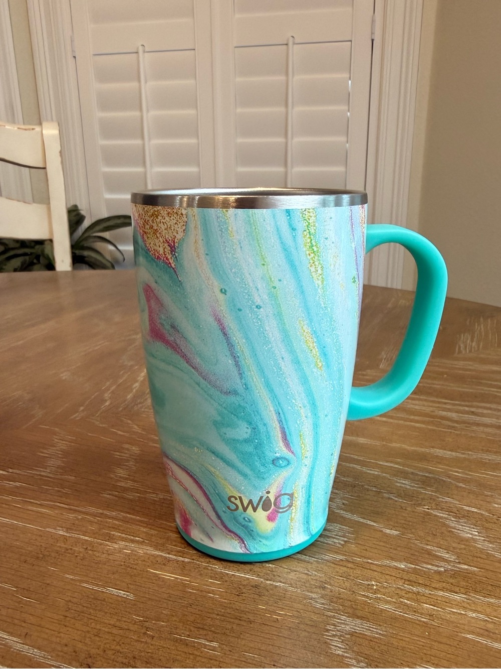 Swig Marble Aqua Travel Mug NO LID with Turquoise Handle approx 16 oz